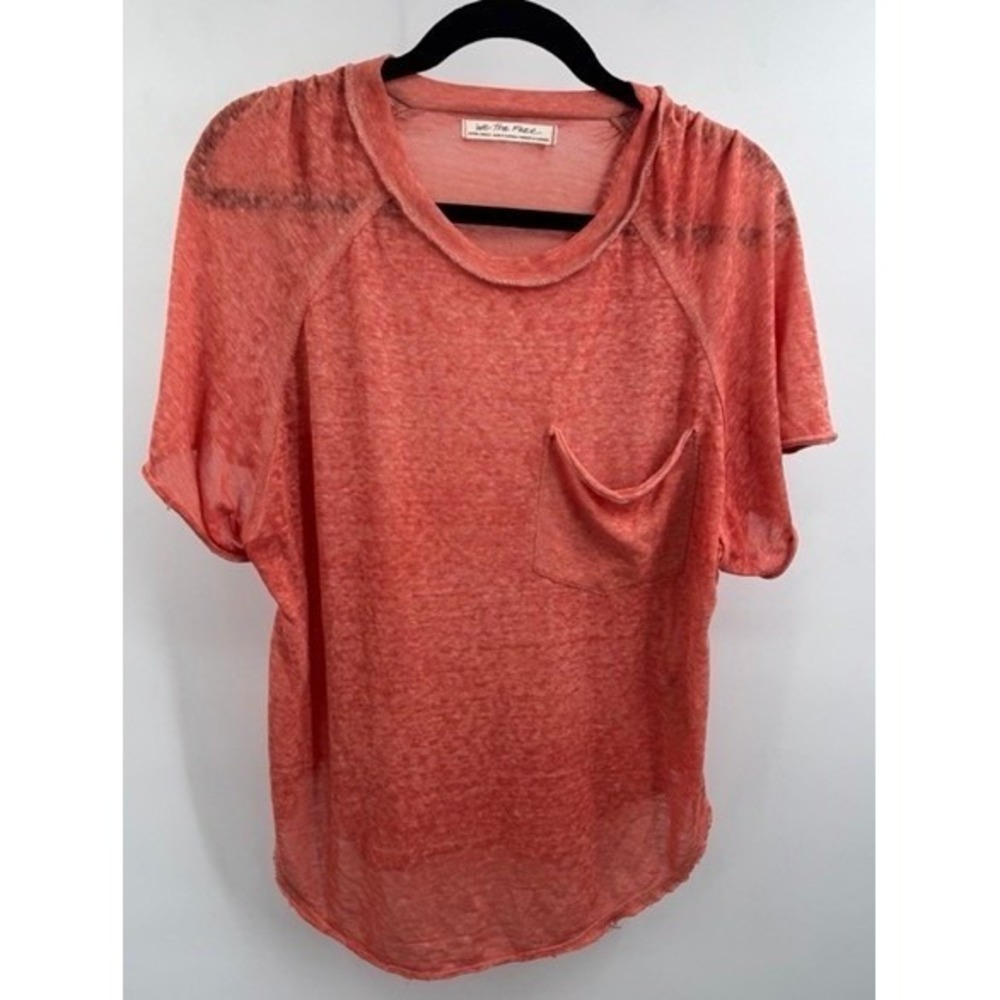 Free People Womens Coral Burnout Short Sleeve Pocket Tee XS Oversized Boho